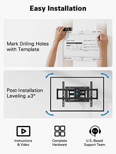 Full Motion TV Wall Mount for 40–82 inch Flat or Curved TVs up to 110 lbs, Smooth Swivel & Extension, Tool-Free Tilt with Heavy-Duty Arms, Max VESA 600x400mm, Fits 12″/16″ Wood Studs, PILF11