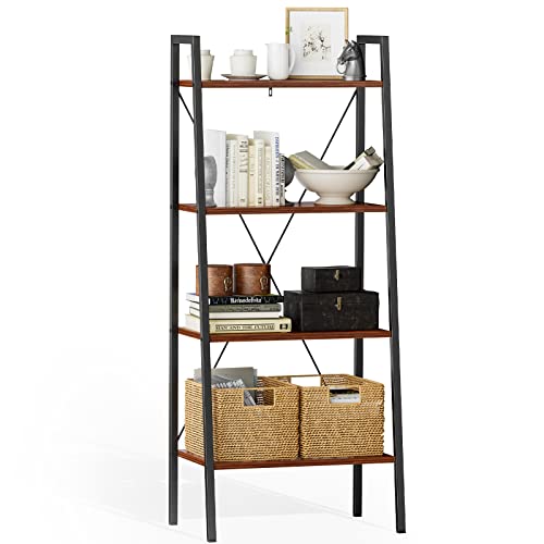 Industrial Ladder Shelf, 4-Tier Bookshelf, Free Standing Bookcase Storage Rack Shelves Plant Flower Stand with Wood Look for Living Room, Bedroom, Kitchen, Bathroom, Home Office, Balcony