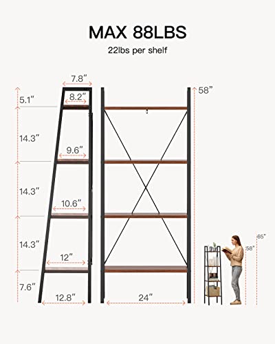 Industrial Ladder Shelf, 4-Tier Bookshelf, Free Standing Bookcase Storage Rack Shelves Plant Flower Stand with Wood Look for Living Room, Bedroom, Kitchen, Bathroom, Home Office, Balcony