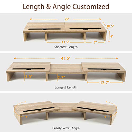 Dual Monitor Stand - [Upgraded] Monitor Stand w/ 2 Slots for Phone & Tablet, Dual Monitor Riser, Length and Angle Adjustable, Computer Stand for Monitor, Laptop, Tablet (Light Wood)