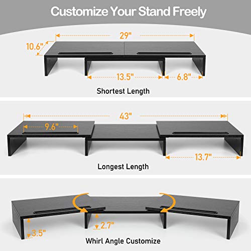 Dual Monitor Stand -Adjustable Length and Angle Dual Monitor Riser, Computer Monitor Stand w/2 Slot, Desktop Organizer, Monitor Stand Riser for PC, Computer, Laptop (Black)