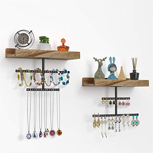 Hanging Jewelry Organizer Wall Mounted Earring Holder Rustic Wood Jewelry Rack with Tray and Metal Bracket for Displaying Earring Ring Necklace Bracelet AMJO-01