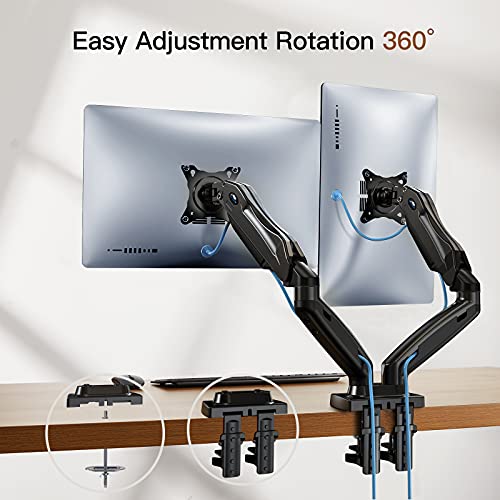 Dual Monitor Stand, Adjustable Spring Monitor Desk Mount Swivel Vesa Bracket with C Clamp/Grommet Mounting Base for 17 to 27 Inch Computer Screens, Each Arm Holds 4.4 to 14.3lbs，HNDS6