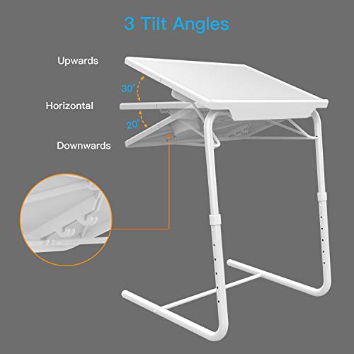 Adjustable TV Tray Table - TV Dinner Tray on Bed & Sofa, Comfortable Folding Table with 6 Height & 3 Tilt Angle Adjustments (White)