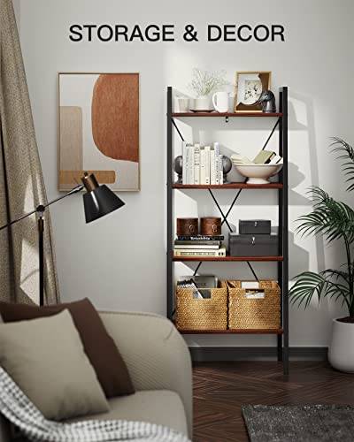 Industrial Ladder Shelf, 4-Tier Bookshelf, Free Standing Bookcase Storage Rack Shelves Plant Flower Stand with Wood Look for Living Room, Bedroom, Kitchen, Bathroom, Home Office, Balcony