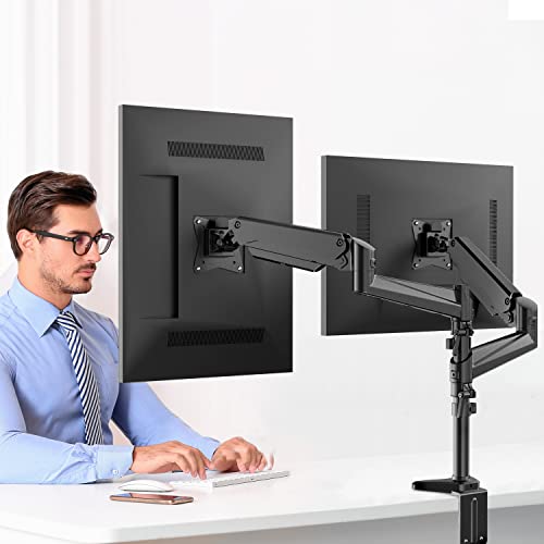 Dual Monitor Mount Stand - Gas Spring Arm Height Adjustable Monitor Desk Mount VESA Bracket for Two 17 to 32 Inch Flat / Curved LCD Computer Screens with C Clamp, Grommet Base