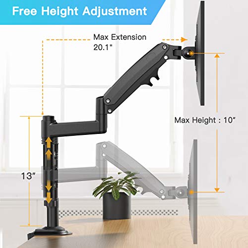 Single Monitor Mount Stand for 15-35'' Computer Screen- Gas Spring Height Adjustable Monitor Arm VESA Bracket Desk Mount with C Clamp Grommet Mounting Base, Hold 4.4 to 26.5 lbs