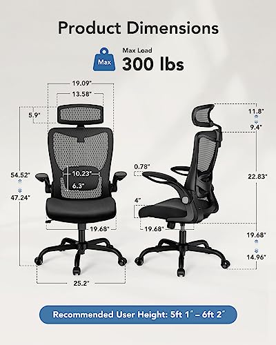Ergonomic Mesh Office Chair, High Back Desk Chair with Adjustable Lumbar Support & Headrest, Flip-Up Armrests, and Adjustable Height, Home Computer Chair with Tilt Lock Function