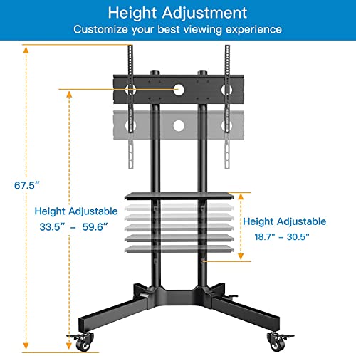 Mobile TV Cart with Wheels for 32-85 Inch Flat Curved Screen TVs- UL Certificated Height Adjustable Rolling TV Stand Hold Up to 132 lbs- Trolley Floor Stand with Tray Max VESA 600x400mm PSTVMC01