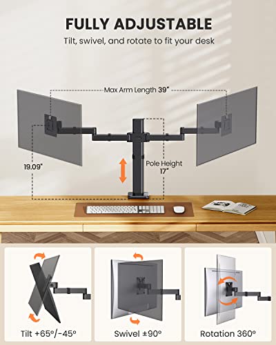 Dual Monitor Desk Mount, Upgraded Dual Screen Monitor Mount Stand for 2 Monitors Up to 32 inch, Heavy Sturdy Dual Monitor Stand with Tiered Arms for Extra Height, Holds Up to 22 lbs per Arm