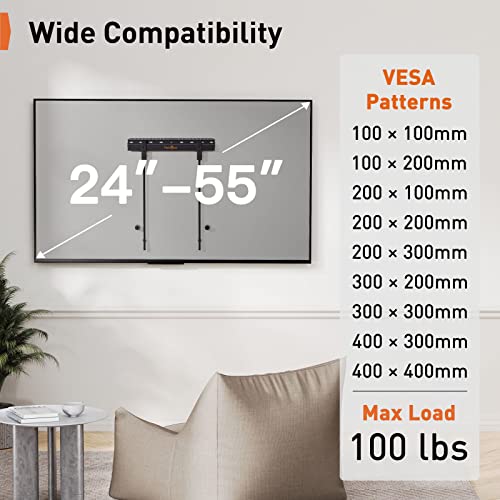 Studless TV Wall Mount for Most 24-55 Inch TVs up to 100 lbs, Heavy-Duty No Drill TV Mount, Drywall TV Bracket with Max VESA 400x400mm, No Stud, Easy Install, Low Profile, PGMT7