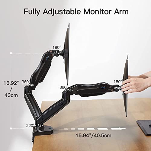 Dual Monitor Stand, Adjustable Spring Monitor Desk Mount Swivel Vesa Bracket with C Clamp/Grommet Mounting Base for 17 to 27 Inch Computer Screens, Each Arm Holds 4.4 to 14.3lbs，HNDS6