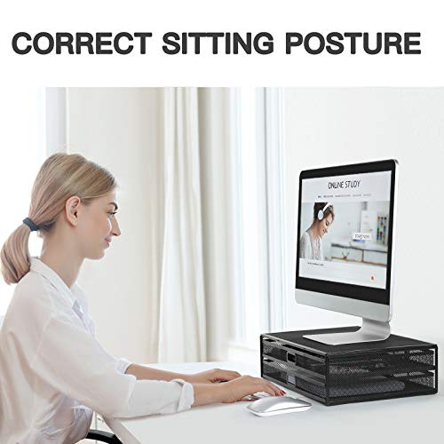 Monitor Stand, Monitor Stand with Drawer, Monitor Riser Mesh Metal, Desk Organizer, Monitor Stand with Storage, Desktop Computer Stand for PC, Laptop, Printer