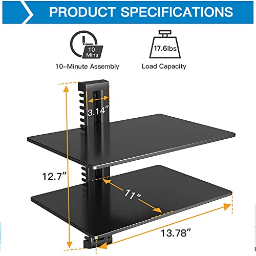 Floating AV Shelf Double Wall Mount TV Shelf - Holds up to 17.6lbs - DVD DVR Component Shelf - Perfect for Xbox, Projector, WiFi Router, Game Console and Cable Box, PSDSK2