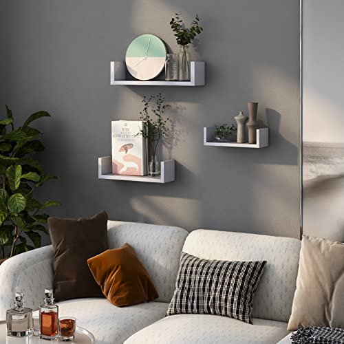 Floating Shelves Wall Mounted, Wall Shelf for Bedroom/Bathroom/Living Room/Kitchen, White Shelves 3 Sizes, U-Shaped - AMFS13-W