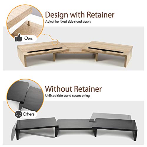 Dual Monitor Stand - [Upgraded] Monitor Stand w/ 2 Slots for Phone & Tablet, Dual Monitor Riser, Length and Angle Adjustable, Computer Stand for Monitor, Laptop, Tablet (Light Wood)