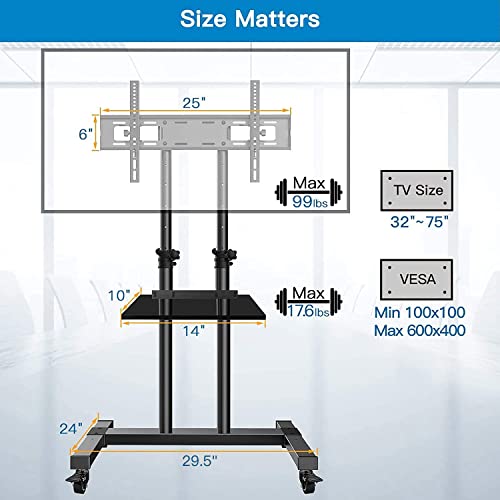 Mobile TV Stand on Wheels for 32-75 Inch Flat/Curved Panel Screens TVs - Height Adjustable Floor Trolley Stand Holds up to 99lbs - Tilt Rolling TV Cart with Shelf Max VESA 600x400mm