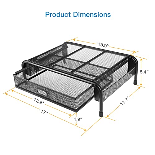 Monitor Stand Riser with Drawer, Mesh Metal Stand Riser with Pull Out Storage Drawer and Side Compartments Pockets for Computer, Laptop, iMac, Desk, Pens, Phones