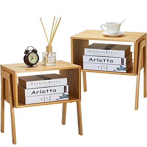 Bamboo Stackable End Tables, Wood Living Room Nightstand, Bedside Tables for Bedroom Storage by , Set of 2