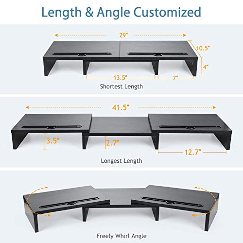 Dual Monitor Stand - [Upgraded] Monitor Stand w/ 2 Slots for Phone & Tablet, Dual Monitor Riser, Length and Angle Adjustable, Computer Stand for Monitor, Laptop, Tablet (Black)