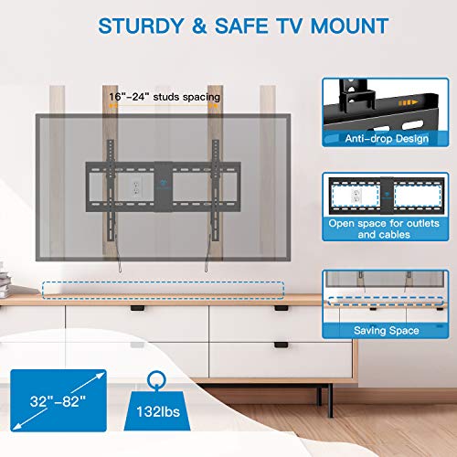 UL Listed TV Mount for Most 32-82 inch TV, Universal Tilt TV Wall Mount Fits 16”- 24” Wood Stud with Loading 132 lbs & Max VESA 600x400mm, Low Profile Flat Wall Mount PSLTK1