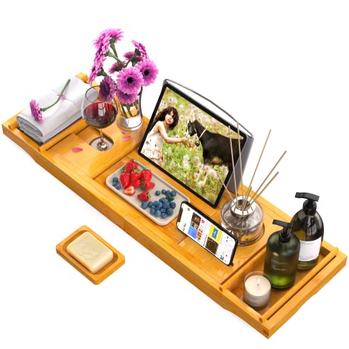 Bamboo Expandable Bathtub Caddy Tray for Bath Tub Wooden Adjustable for Luxury and Relaxing with Wine Glass Holder, Reading Slot