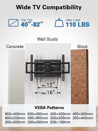 Full Motion TV Wall Mount for 40–82 inch Flat or Curved TVs up to 110 lbs, Smooth Swivel & Extension, Tool-Free Tilt with Heavy-Duty Arms, Max VESA 600x400mm, Fits 12″/16″ Wood Studs, PILF11