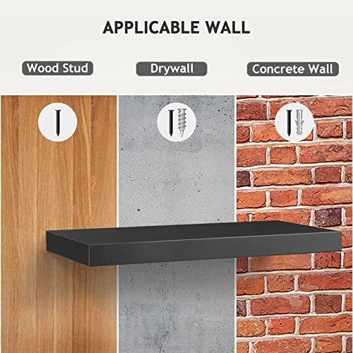 Wall Shelves Black, Floating Shelves with Invisible Metal Brackets for Bedroom, Bathroom, Living Room and Kitchen, 3 Sets-AMFS07