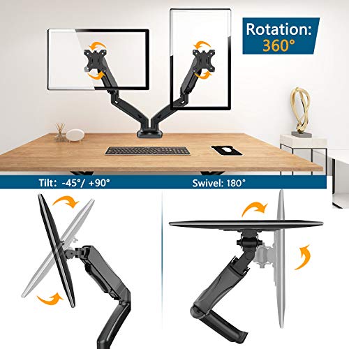 Dual Monitor Mount - Adjustable Gas Spring Dual Monitor Desk Stand Vesa Bracket Fits Two 13 to 27 Inch Screens with C Clamp, Grommet Mounting Base, Each Arm Holds up to 17.6lbs