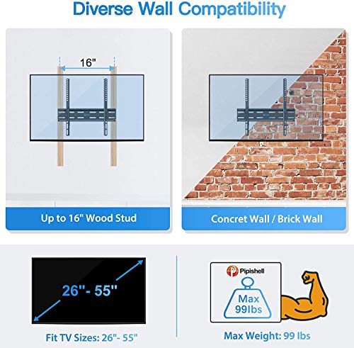 Tilting TV Wall Mount Bracket Low Profile for 26-55 Inch LED, LCD, OLED, 4K Flat Curved Screen TVs, Fits 16 Inch Studs VESA 400x400mm Supports up to 99lbs