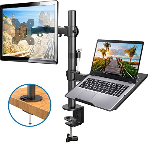 Monitor and Laptop Mount with Tray for 13- 27 inch, Fully Adjustable Laptop Notebook Desk Mount up to 17 inch, Weight up to 22lbs, Extension with Clamp and Grommet Mounting Base