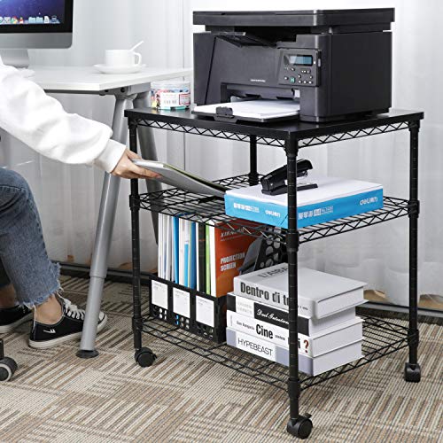 Printer Stand, 3 Tier Printer Cart for Storage, Printer Table Holds up to 200lbs, Multifunctional Metal Utility Shelves, Workspace Desk Organizer, Rolling Cart for Home & Office Use, HNPS01