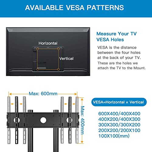 Mobile TV Cart with Wheels for 32-85 Inch Flat Curved Screen TVs- UL Certificated Height Adjustable Rolling TV Stand Hold Up to 132 lbs- Trolley Floor Stand with Tray Max VESA 600x400mm PSTVMC01