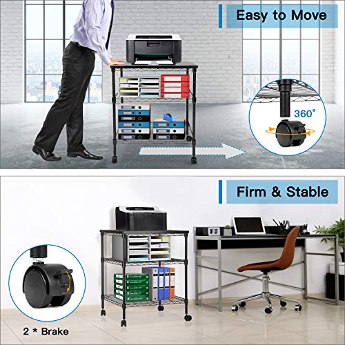 Printer Stand, 3 Tier Printer Cart for Storage, Printer Table Holds up to 200lbs, Multifunctional Metal Utility Shelves, Workspace Desk Organizer, Rolling Cart for Home & Office Use, HNPS01