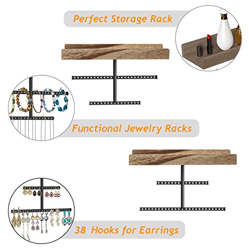 Hanging Jewelry Organizer Wall Mounted Earring Holder Rustic Wood Jewelry Rack with Tray and Metal Bracket for Displaying Earring Ring Necklace Bracelet AMJO-01