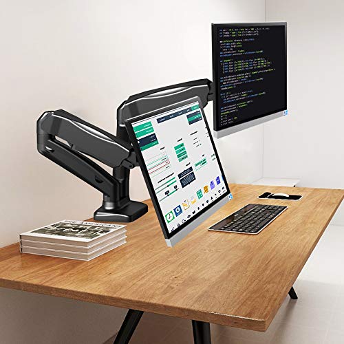 Dual Monitor Mount - Adjustable Gas Spring Dual Monitor Desk Stand Vesa Bracket Fits Two 13 to 27 Inch Screens with C Clamp, Grommet Mounting Base, Each Arm Holds up to 17.6lbs