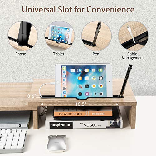 Dual Monitor Stand - [Upgraded] Monitor Stand w/ 2 Slots for Phone & Tablet, Dual Monitor Riser, Length and Angle Adjustable, Computer Stand for Monitor, Laptop, Tablet (Light Wood)