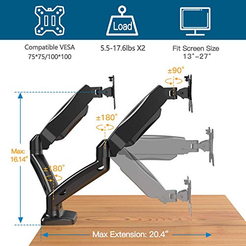 Dual Monitor Mount - Adjustable Gas Spring Dual Monitor Desk Stand Vesa Bracket Fits Two 13 to 27 Inch Screens with C Clamp, Grommet Mounting Base, Each Arm Holds up to 17.6lbs