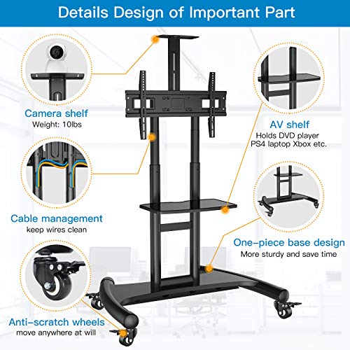 Rolling/Mobile TV Cart with Wheels for 32-75 Inch LCD LED 4K Flat Screen TVs - UL Certificated TV Floor Stand with Shelf Holds Up to 100 lbs, Height Adjustable Trolley Max VESA 600x400mm- PSTVMC05