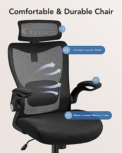 Ergonomic Mesh Office Chair, High Back Desk Chair with Adjustable Lumbar Support & Headrest, Flip-Up Armrests, and Adjustable Height, Home Computer Chair with Tilt Lock Function