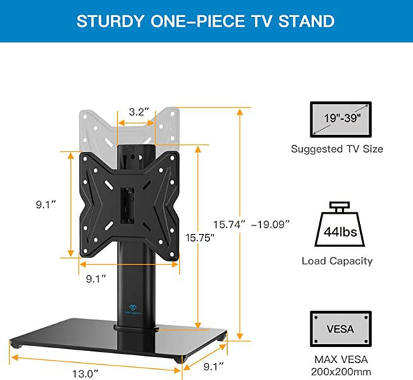 Swivel Universal TV Stand / Base - Table Top TV Stand for 19-39 inch LCD LED TVs / Monitor / PC - Height Adjustable TV Mount Stand with Tempered Glass Base, VESA 200x200mm, PSTVS07