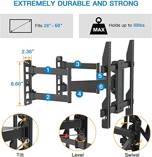 Corner TV Wall Mount Bracket Tilts, Swivels, Extends, Full Motion Articulating TV Mount for 26-60 inch LED, LCD Flat Curved Screen TVs, Holds up to 99 lbs, VESA 400x400, Heavy Duty TV Bracket PSCMF1