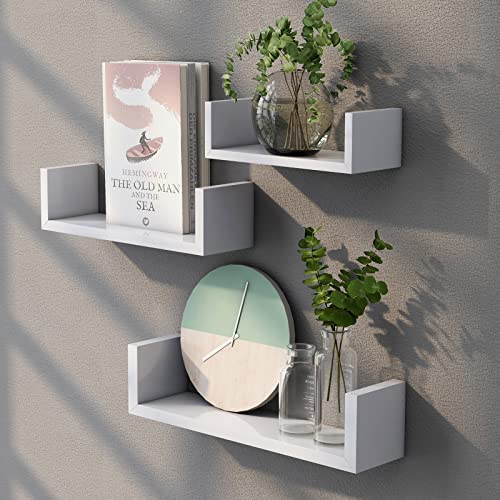 Floating Shelves Wall Mounted, Wall Shelf for Bedroom/Bathroom/Living Room/Kitchen, White Shelves 3 Sizes, U-Shaped - AMFS13-W