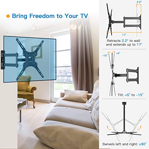 Full Motion TV Wall Mount Bracket Articulating Arms Swivels Tilts Extension Rotation for Most 13-55 Inch LED LCD Flat Curved Screen TVs, Max VESA 400x400mm up to 66lbs