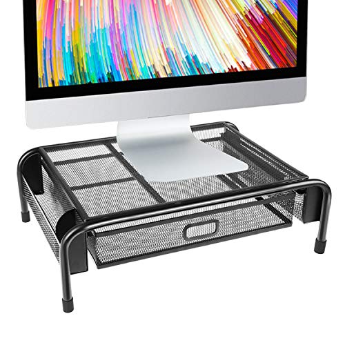 Monitor Stand Riser with Drawer, Mesh Metal Stand Riser with Pull Out Storage Drawer and Side Compartments Pockets for Computer, Laptop, iMac, Desk, Pens, Phones