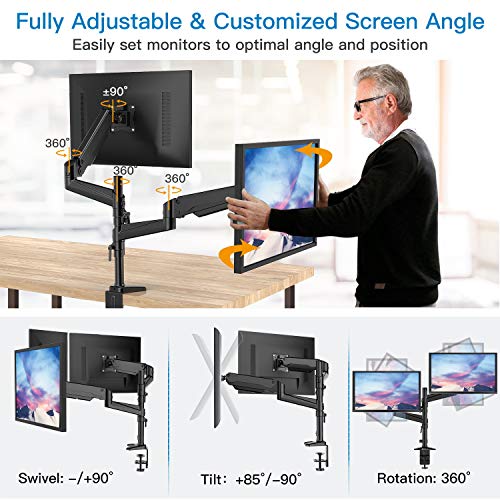 Dual Monitor Mount Stand - Gas Spring Arm Height Adjustable Monitor Desk Mount VESA Bracket for Two 17 to 32 Inch Flat / Curved LCD Computer Screens with C Clamp, Grommet Base