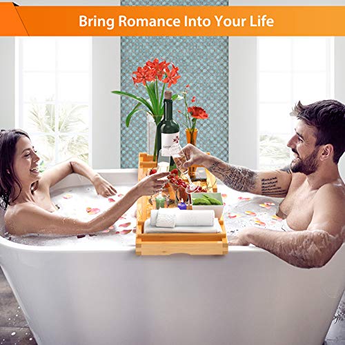 Bamboo Expandable Bathtub Caddy Tray for Bath Tub Wooden Adjustable for Luxury and Relaxing with Wine Glass Holder, Reading Slot