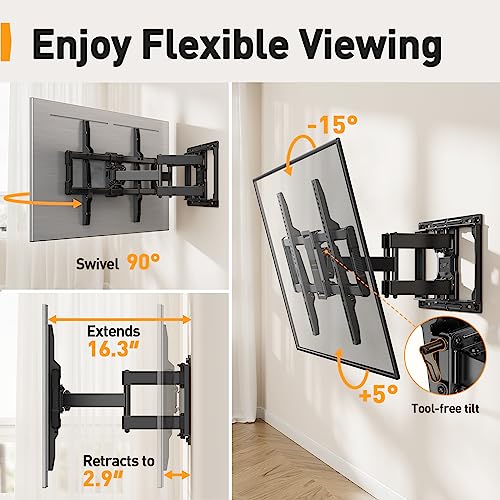 UL-Listed Full Motion TV Wall Mount for 40–86 Inch Flat Curved TVs up to 132 lbs, 12″/16″ Wood Studs, TV Mount Bracket with Tool-Free Tilt, Swivel, Extension, Max VESA 600 x 400mm, PGLF15