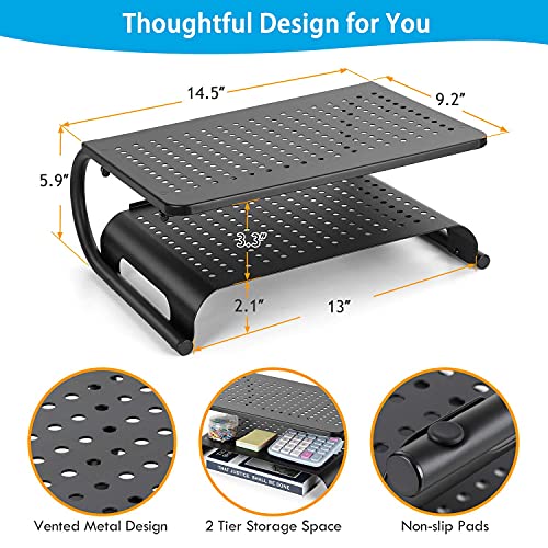 Monitor Stand Riser, 2-Tier Desk Organizer Stand with Metal Vented for Computer, Laptop & Printer, Desktop Stand for Office Accessories & Supplies