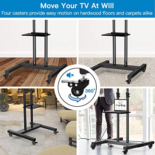 Mobile TV Stand on Wheels for 32-75 Inch Flat/Curved Panel Screens TVs - Height Adjustable Floor Trolley Stand Holds up to 99lbs - Tilt Rolling TV Cart with Shelf Max VESA 600x400mm